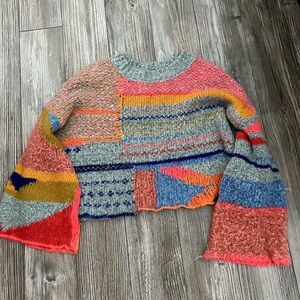🌸 Multicolor Patchwork Cropped Sweater - Women's Casual Knit